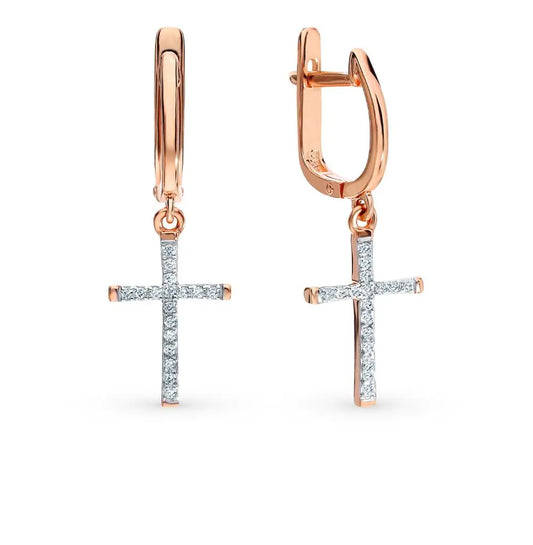 Rose Gold Latch back Cross earrings with diamonds - cushionblue