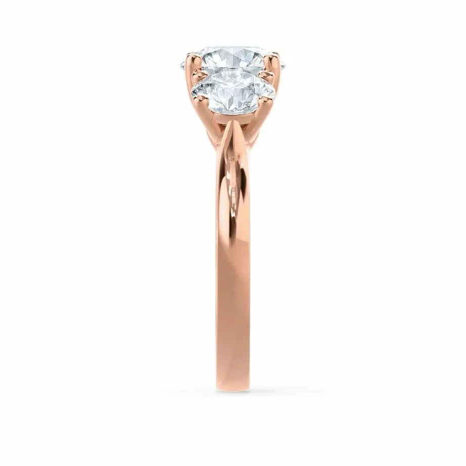 Round Brilliant Cut 3 Stone Set Rose Gold Trilogy Ring - cushionblue