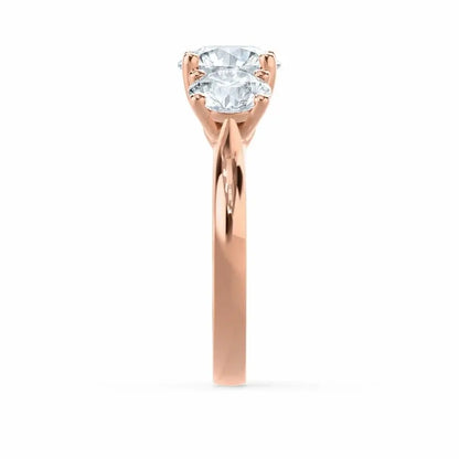 Round Brilliant Cut 3 Stone Set Rose Gold Trilogy Ring - cushionblue