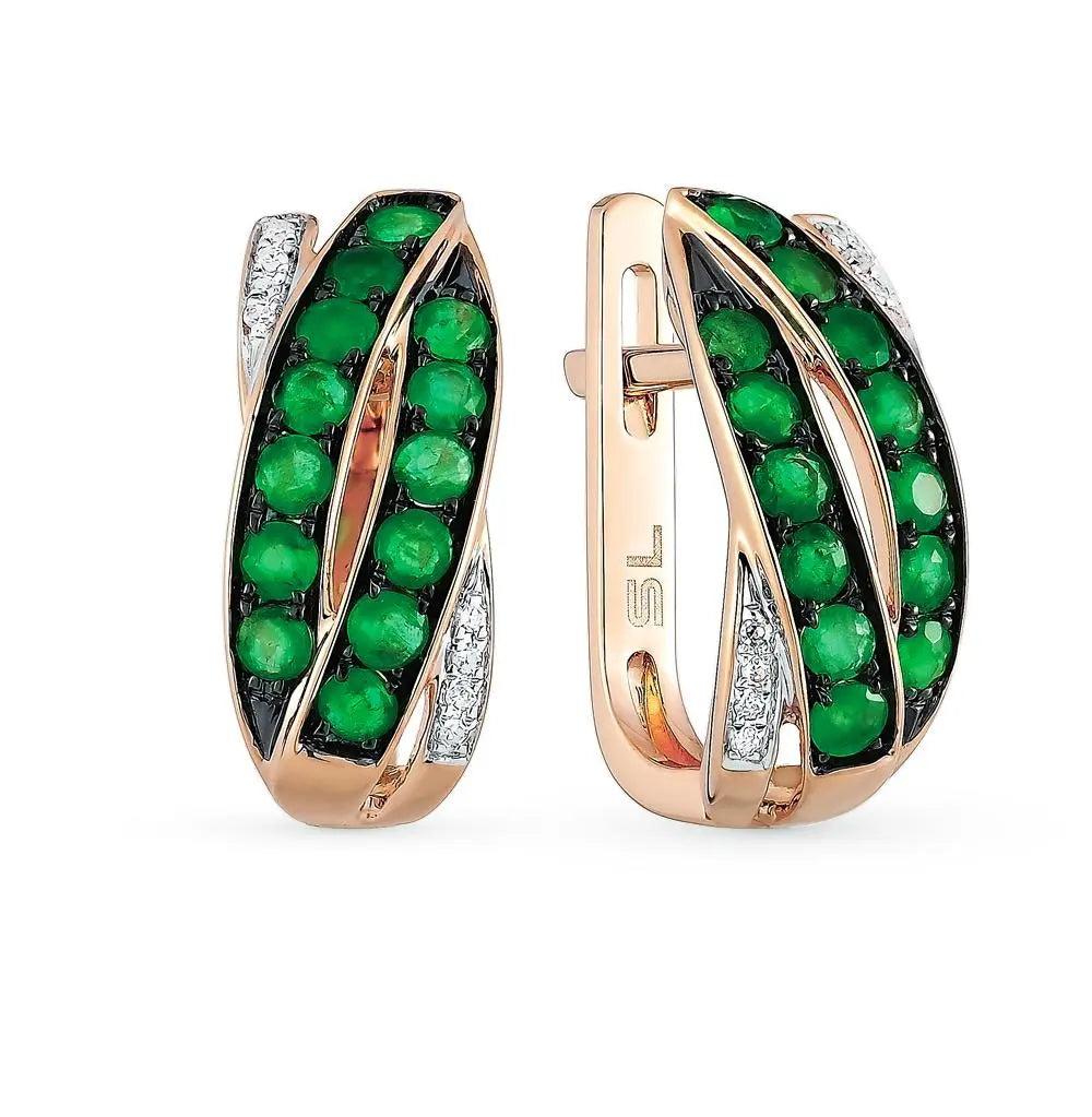 Rose Gold Latch back earrings with Ameralds and diamonds - cushionblue