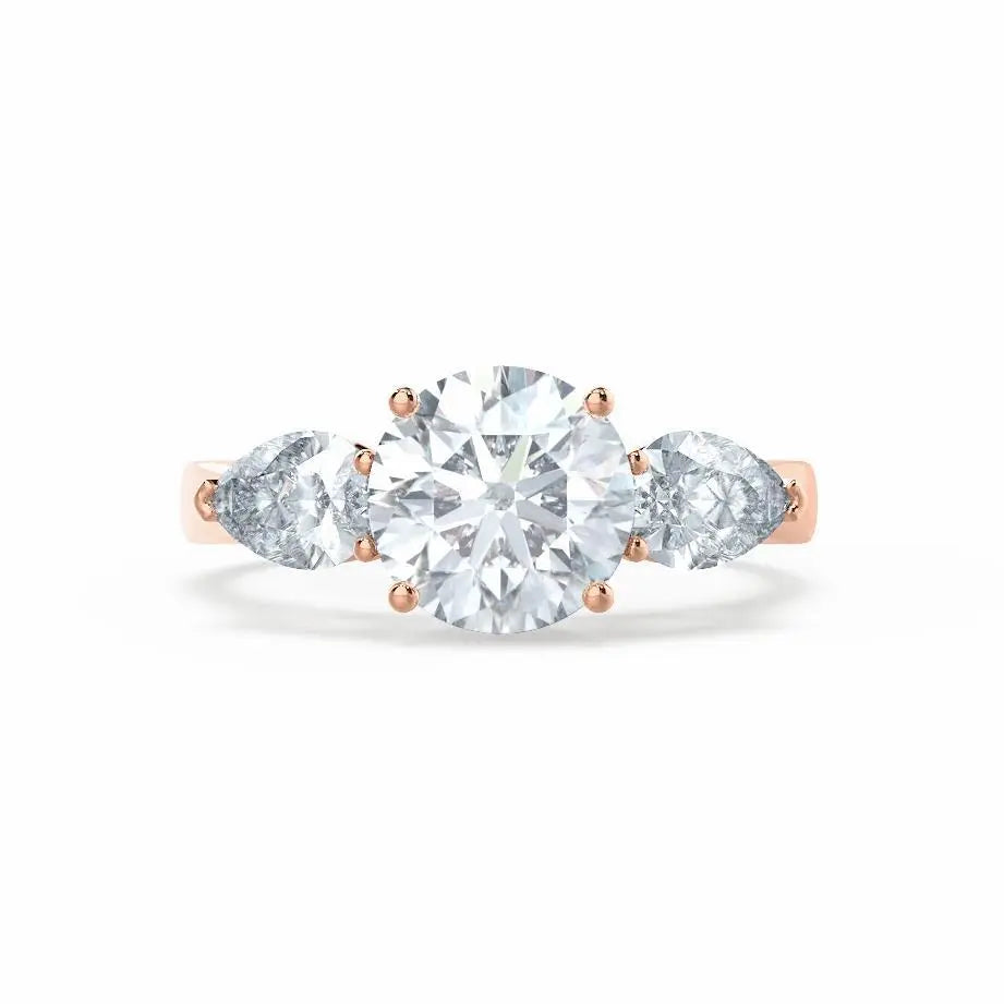 Round & Pear Cut Diamond Rose Gold Trilogy Ring - cushionblue