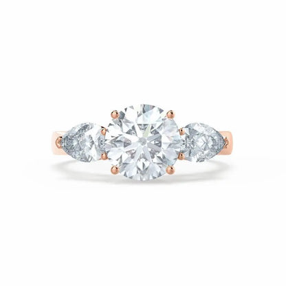 Round & Pear Cut Diamond Rose Gold Trilogy Ring - cushionblue