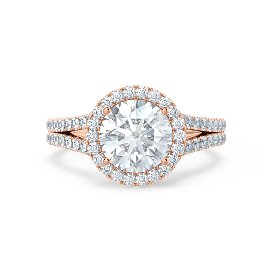 Round cut Natural Diamond Rose Gold Split Shank Halo Ring - cushionblue