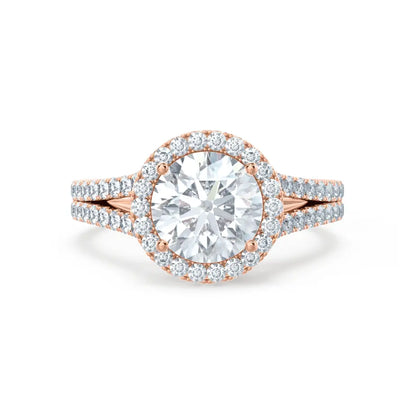 Round cut Natural Diamond Rose Gold Split Shank Halo Ring - cushionblue