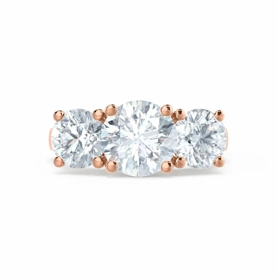 Round Brilliant Cut 3 Stone Set Rose Gold Trilogy Ring - cushionblue