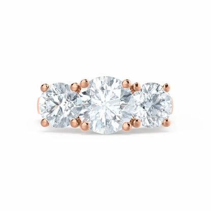 Round Brilliant Cut 3 Stone Set Rose Gold Trilogy Ring - cushionblue