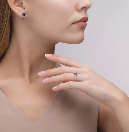 White Gold Latch back earrings with Cushion cut Sapphires and diamonds - cushionblue