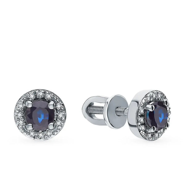 White Gold Studs with screws earrings with sapphires and diamonds Cushionblue