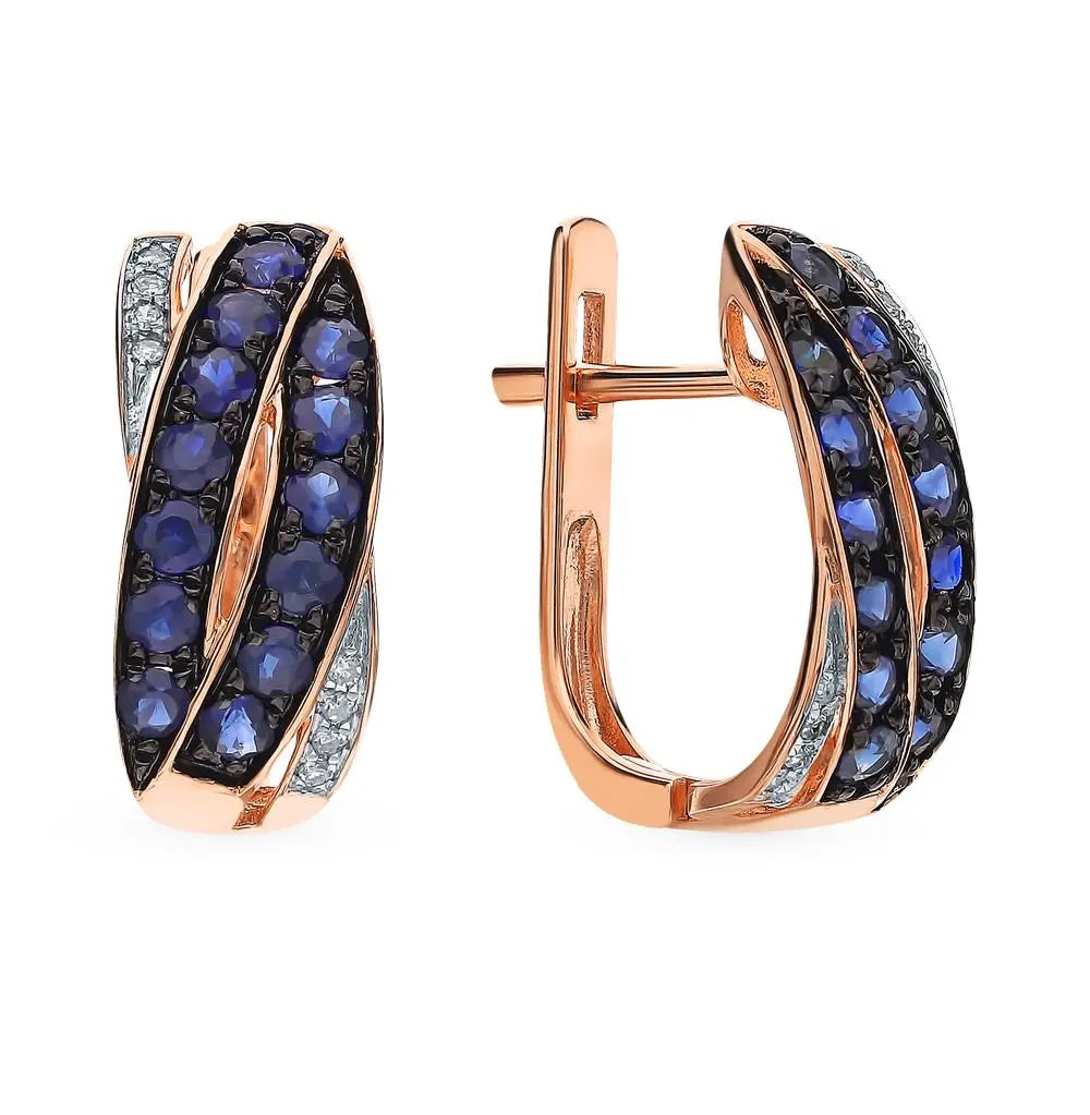 Rose Gold Latch back earrings with Sapphires and diamonds - cushionblue
