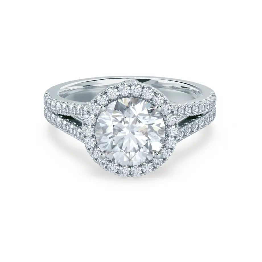 Round cut Natural Diamond White Gold Split Shank Halo Ring - cushionblue