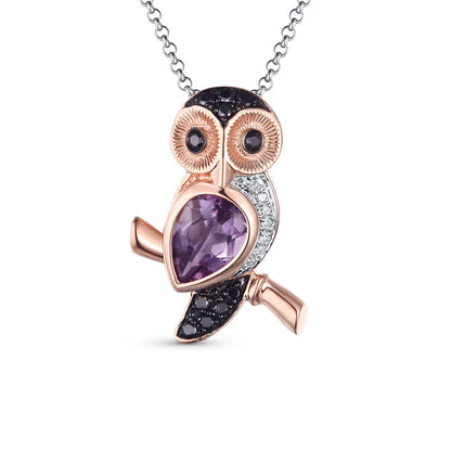 Rose Gold Owl pear pendant necklace with black diamonds - cushionblue