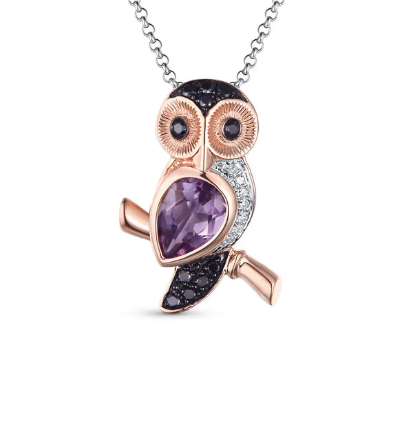 Rose Gold Owl pear pendant necklace with black diamonds - cushionblue