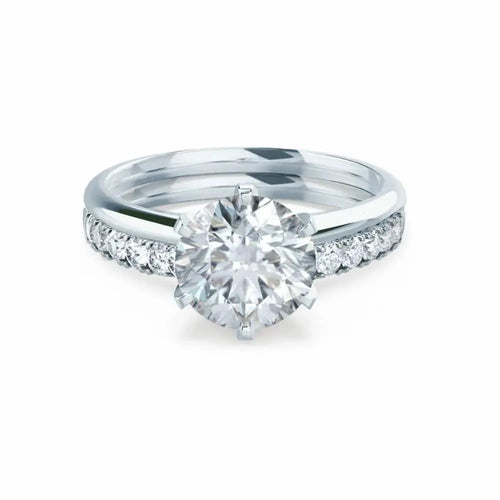 6 Prong Knife Edge Round Brilliant Cut White Gold Bridal Set Ring - cushionblue