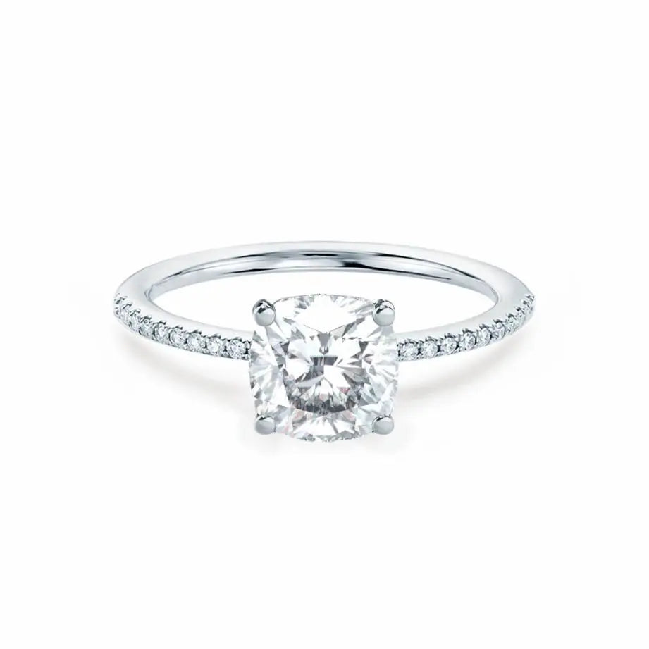 Cushion Cut Platinum Petite Pavé Shoulder Set Solitaire Ring - cushionblue