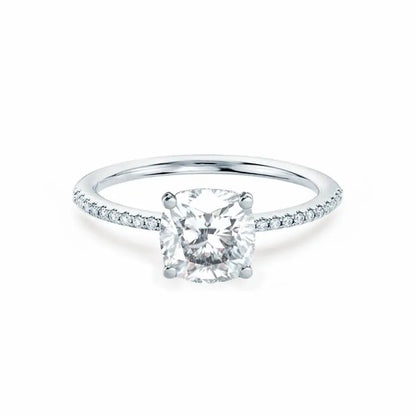 Cushion Cut Platinum Petite Pavé Shoulder Set Solitaire Ring - cushionblue
