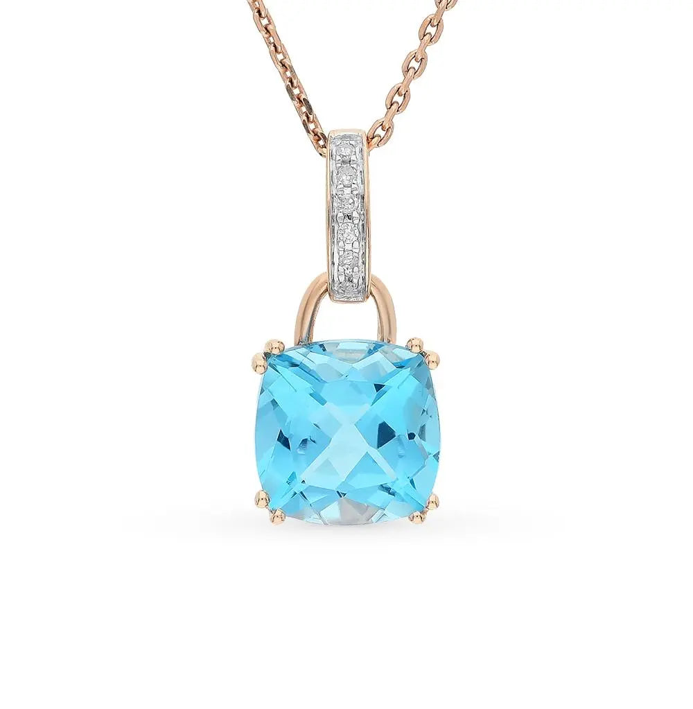 Rose Gold Cushion cut pendant necklace with topaz and diamonds - cushionblue