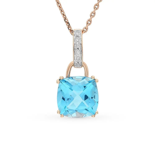 Rose Gold Cushion cut pendant necklace with topaz and diamonds - cushionblue
