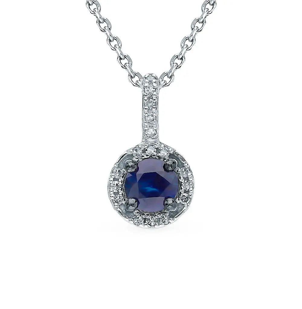 White Gold Round pendant necklace with sapphires and diamonds - cushionblue