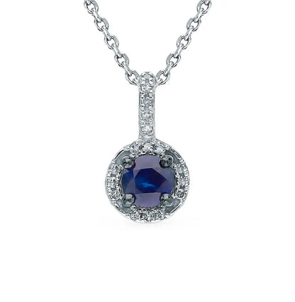 White Gold Round pendant necklace with sapphires and diamonds - cushionblue