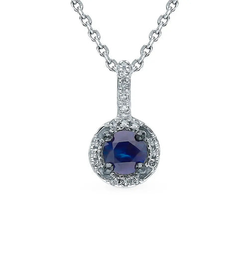 White Gold Round pendant necklace with sapphires and diamonds - cushionblue