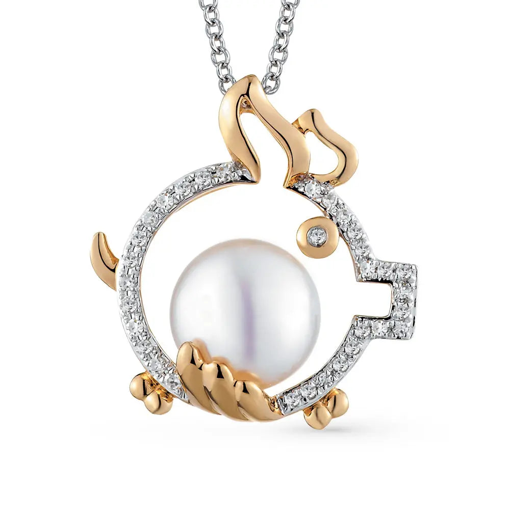 Rose Gold pendant necklace with pearls and diamonds - cushionblue