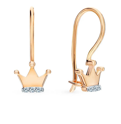 Rose Gold Crown shape French lock earrings with diamonds - cushionblue