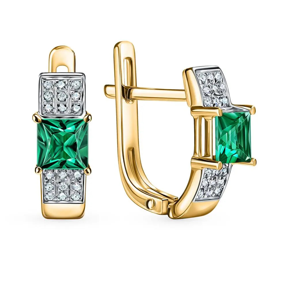 Yellow Gold Latch back earrings with Green emeralds and diamonds - cushionblue