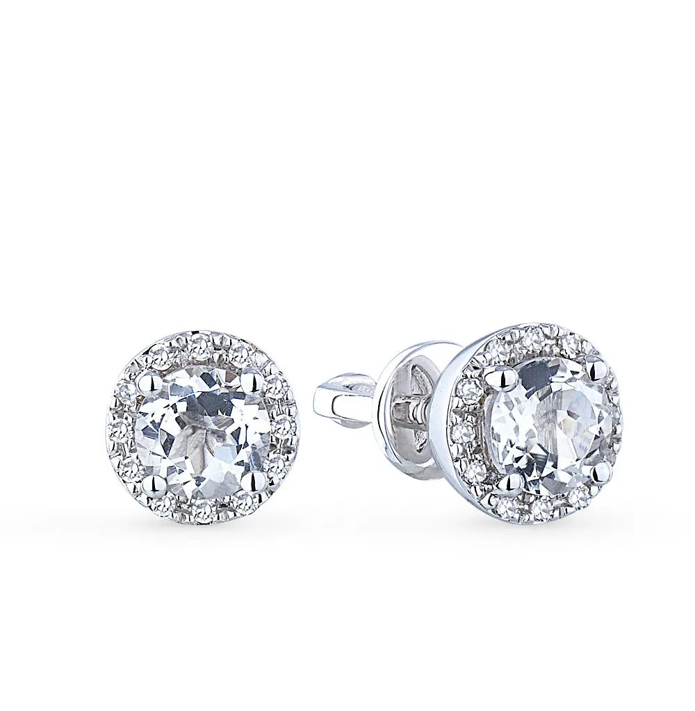 White Gold Studs with screws earrings with Colorless Topaz and diamonds Cushionblue