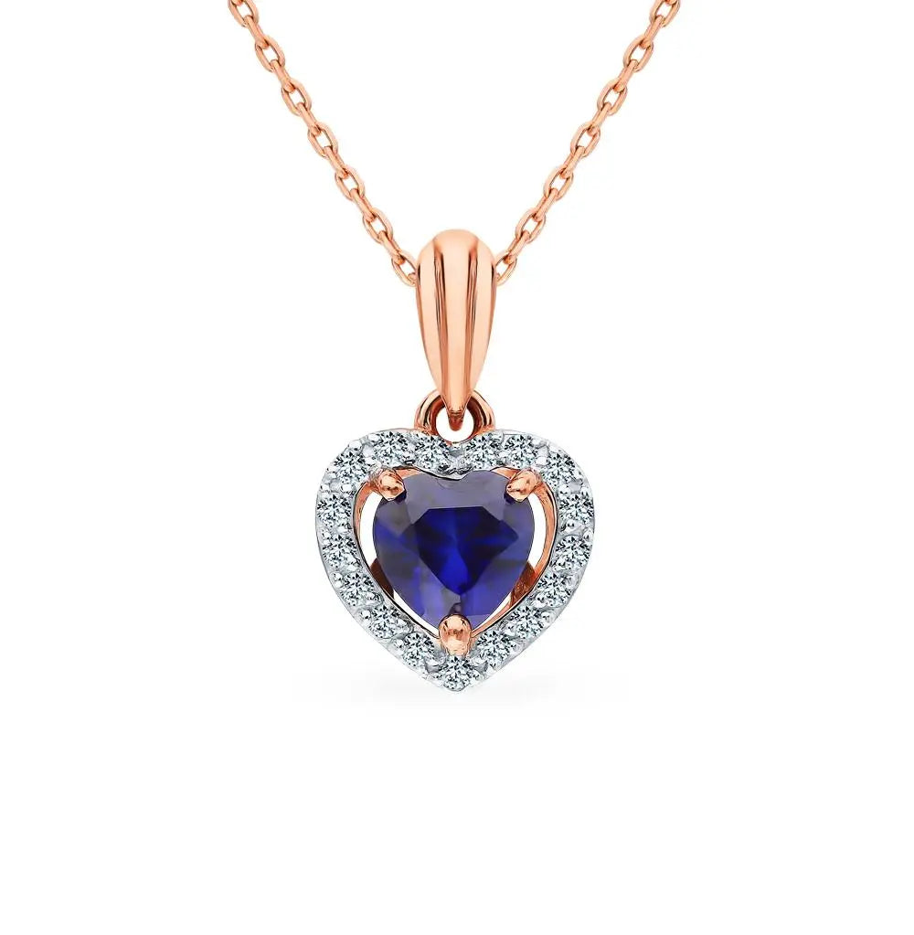 Rose Gold Heart pendant necklace with sapphires and diamonds - cushionblue