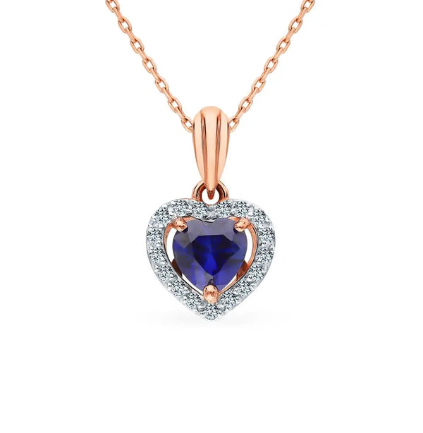 Rose Gold Heart pendant necklace with sapphires and diamonds - cushionblue