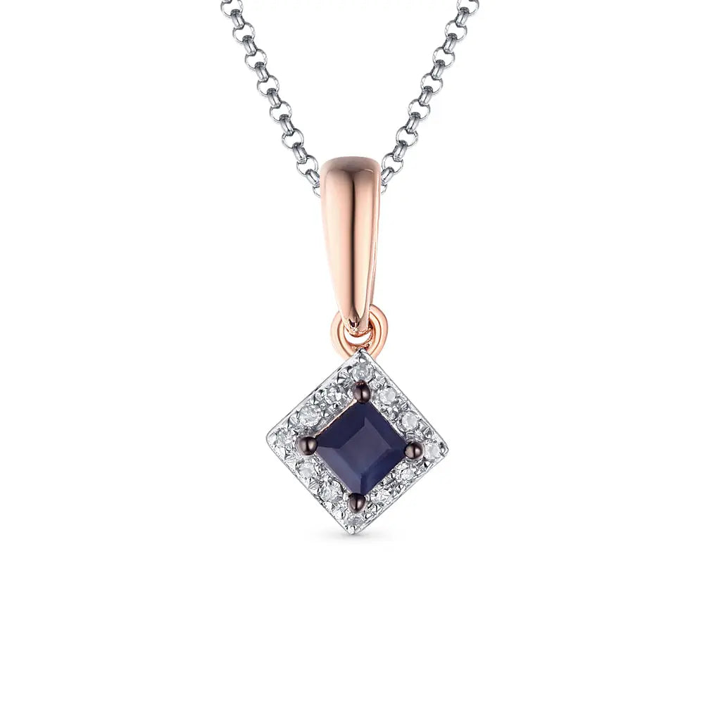 Rose Gold Princess pendant necklace with sapphires and diamonds - cushionblue