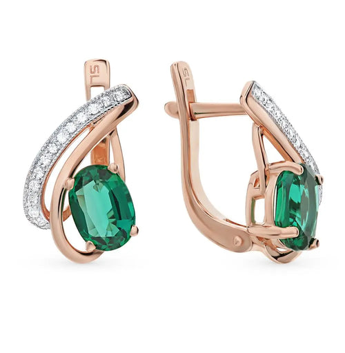 Rose Gold Latch back earrings with Oval cut emeralds and diamonds - cushionblue