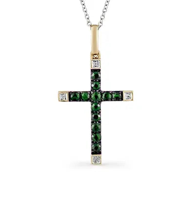 Yellow Gold Cross pendant necklace with emeralds and diamonds - cushionblue