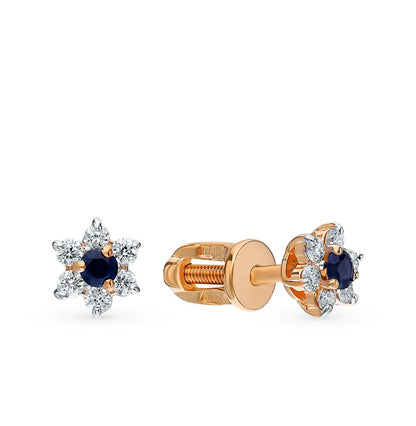 Rose Gold Studs with screws earrings with Round cut Sapphires and diamonds Cushionblue