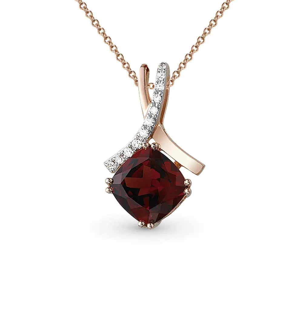 Rose Gold Cushion pendant necklace with garnet and diamonds - cushionblue