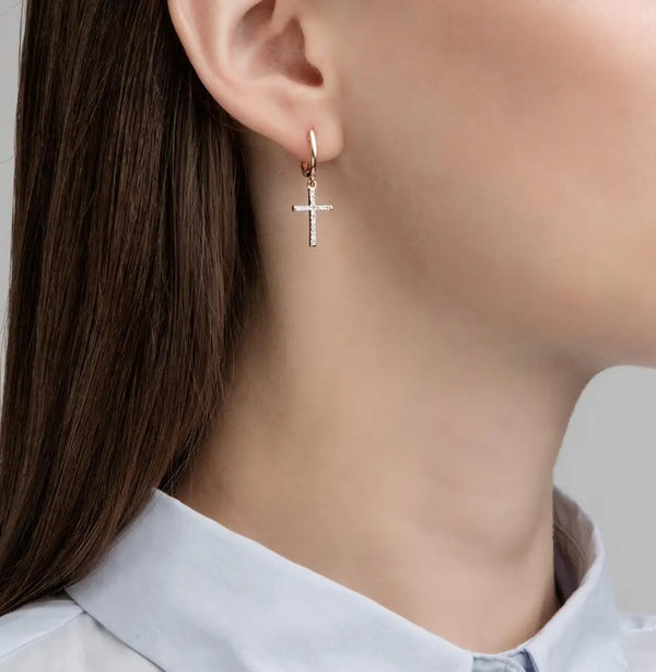Rose Gold Latch back Cross earrings with diamonds - cushionblue