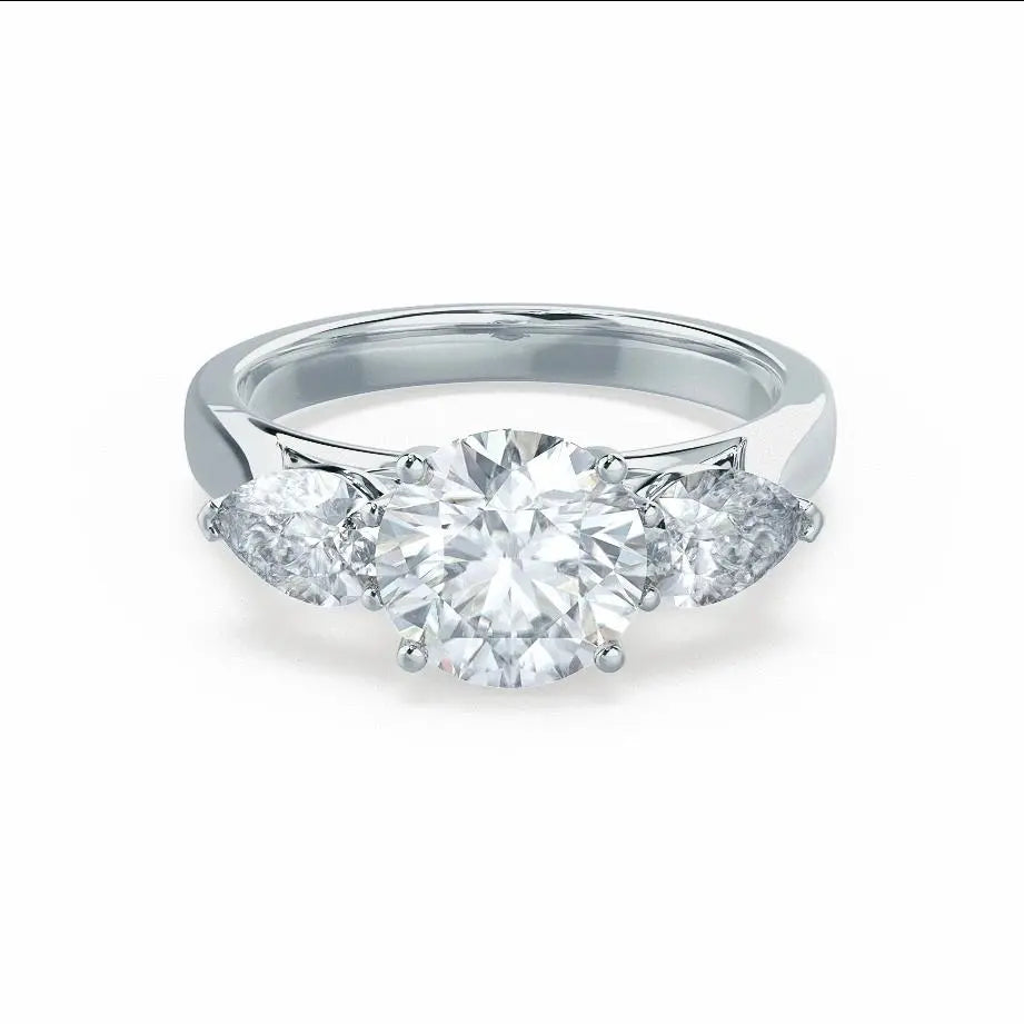 Round & Pear Cut Diamond White Gold Trilogy Ring - cushionblue