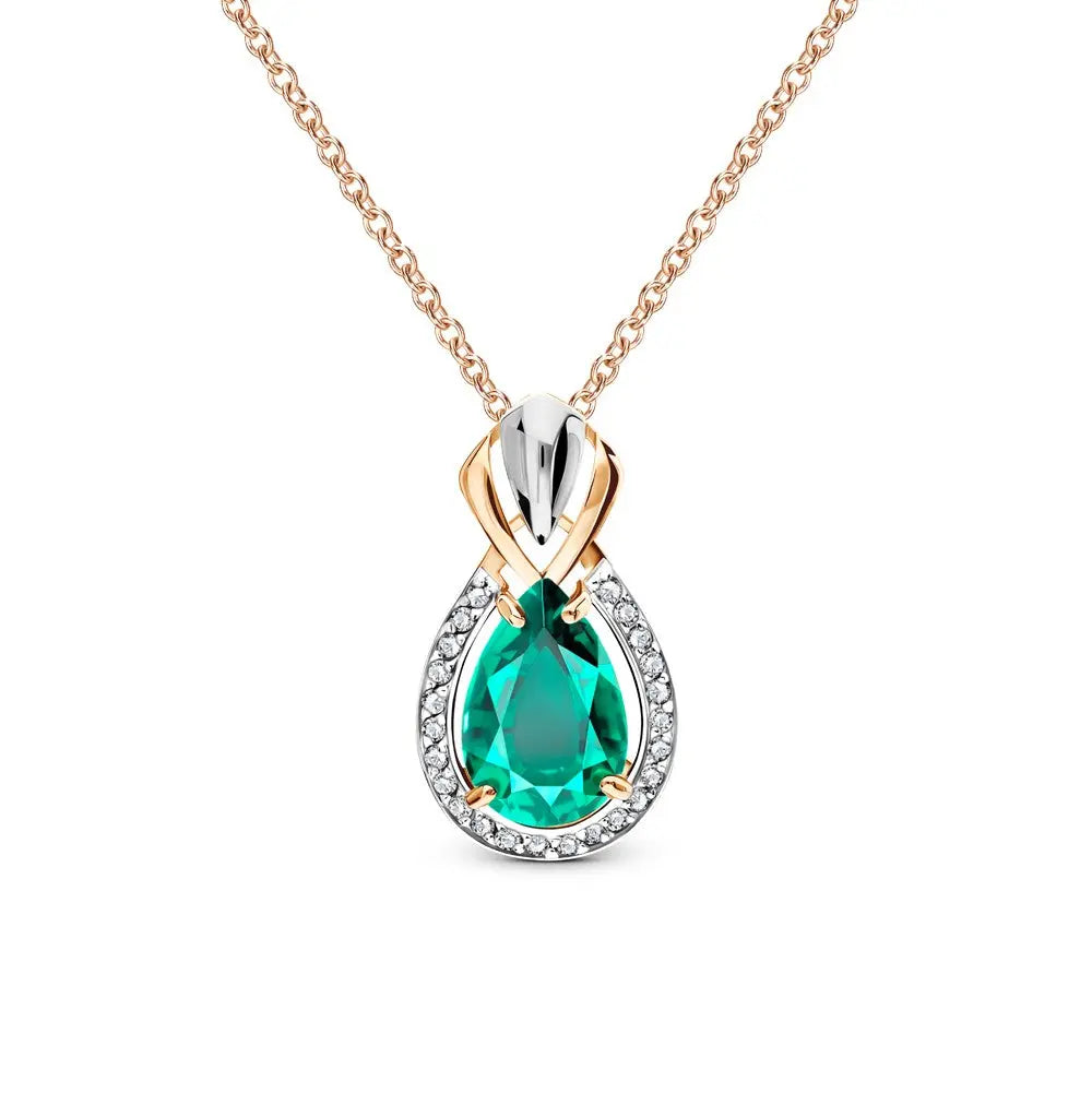 Rose Gold Pear pendant necklace with diamonds and emerald - cushionblue