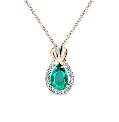 Rose Gold Pear pendant necklace with diamonds and emerald - cushionblue