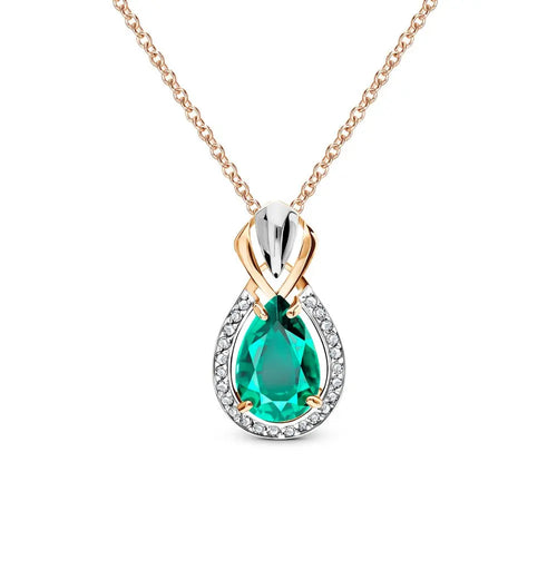 Rose Gold Pear pendant necklace with diamonds and emerald - cushionblue