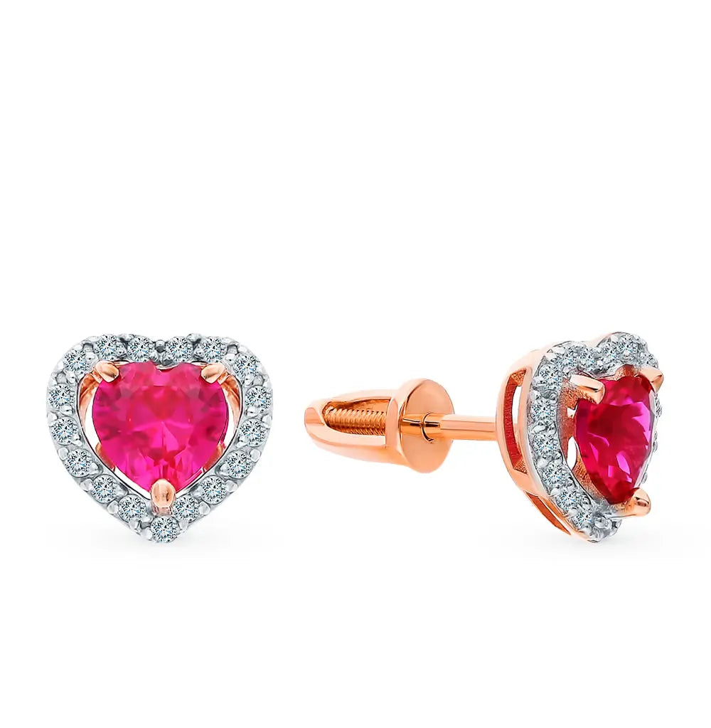 Rose Gold Studs with screws earrings with Heart shape rubies and diamonds Cushionblue