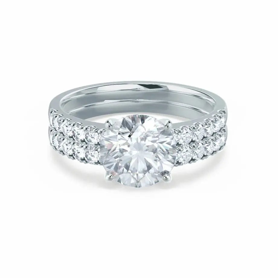 White Gold Round Brilliant Cut & Wedding Band Bridal Set Ring - cushionblue