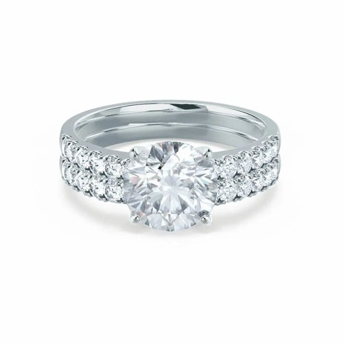 White Gold Round Brilliant Cut & Wedding Band Bridal Set Ring - cushionblue