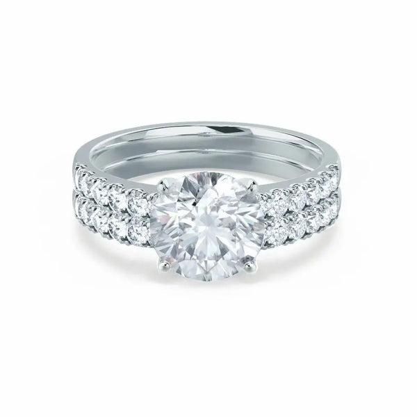White Gold Round Brilliant Cut & Wedding Band Bridal Set Ring - cushionblue
