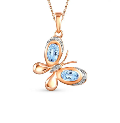 Rose Gold Butterfly pendant necklace with topaz and diamonds - cushionblue