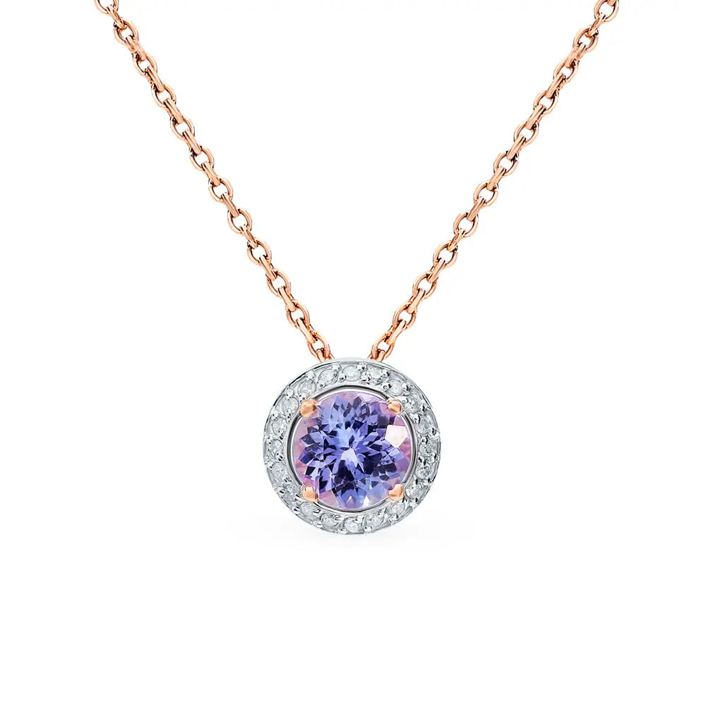 Rose Gold Round pendant necklace with tanzanite and diamonds - cushionblue