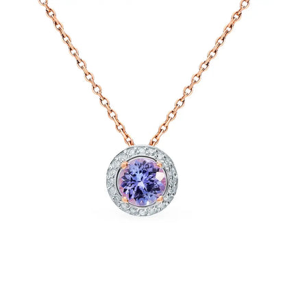 Rose Gold Round pendant necklace with tanzanite and diamonds - cushionblue