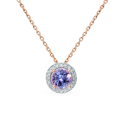Rose Gold Round pendant necklace with tanzanite and diamonds - cushionblue