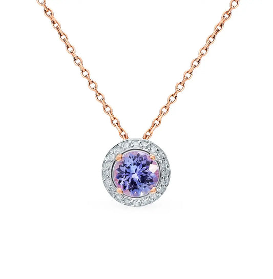 Rose Gold Round pendant necklace with tanzanite and diamonds - cushionblue