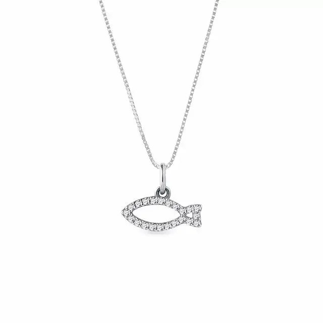 White Gold Fish Charm pendant necklace with diamonds - cushionblue
